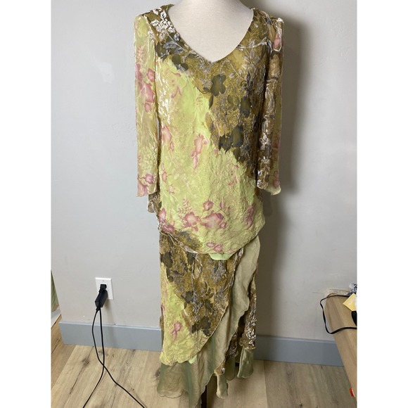 Vintage Dresses & Skirts - Vintage 90s Silk Burnout Velvet Floral Maxi Dress Chartreuse Green Pink 2-Piece